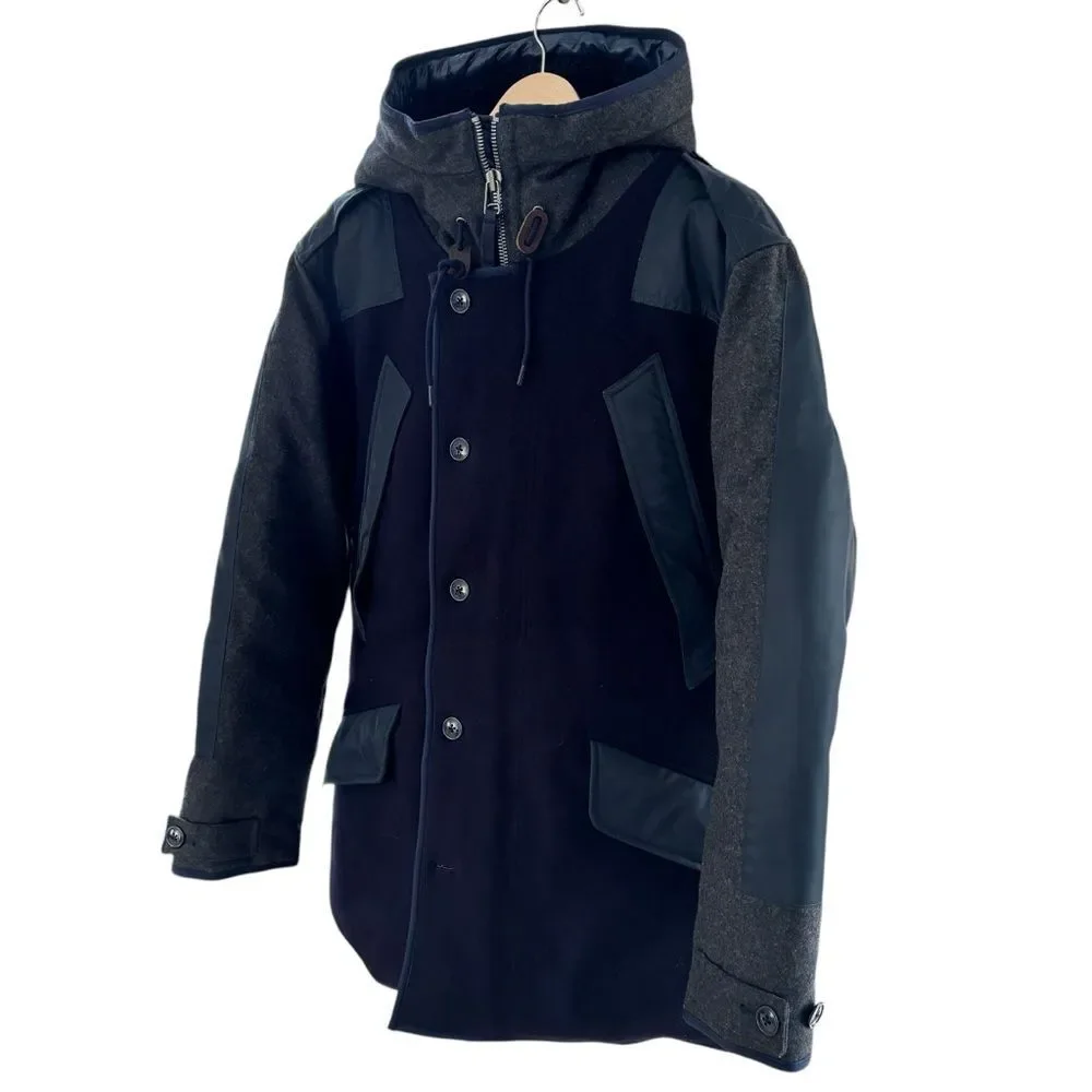 J CREW Burbridge Mixed Media Parka Coat Heavy Quilted Winter Navy Gray Sz S